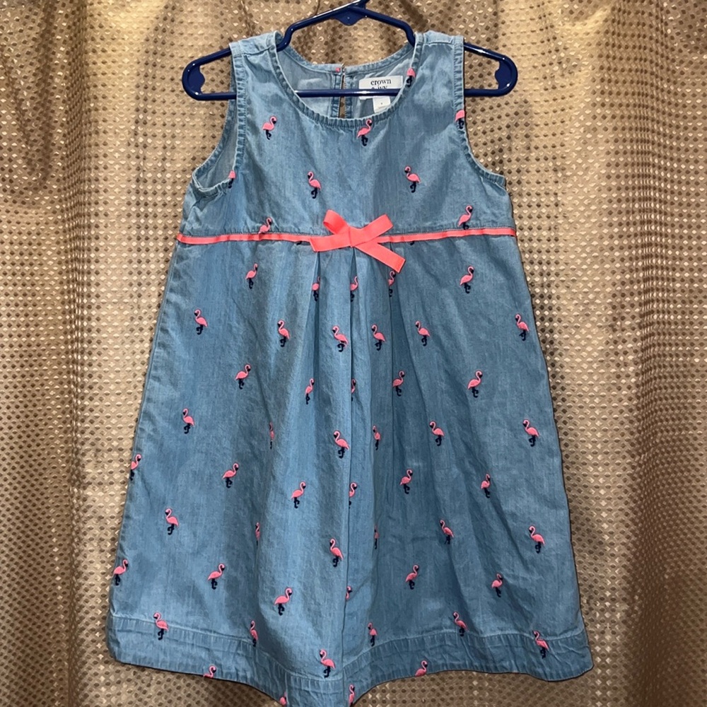Adorable Little Girls Crown & Ivy Kids Flamingo Denim Jumper Dress Size 7